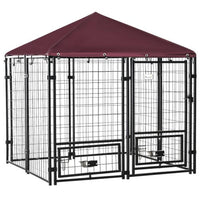 HKM-235091 PawHut Outdoor Pet Playpen with Rotating Bowl Rack and Waterproof Awning, 5' x 5' x 5', Heavy-Duty Welded Steel Design