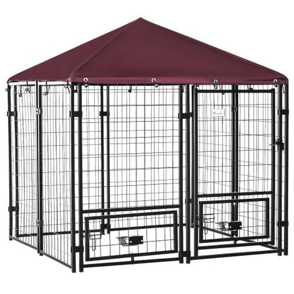 HKM-235091 PawHut Outdoor Pet Playpen with Rotating Bowl Rack and Waterproof Awning, 5' x 5' x 5', Heavy-Duty Welded Steel Design