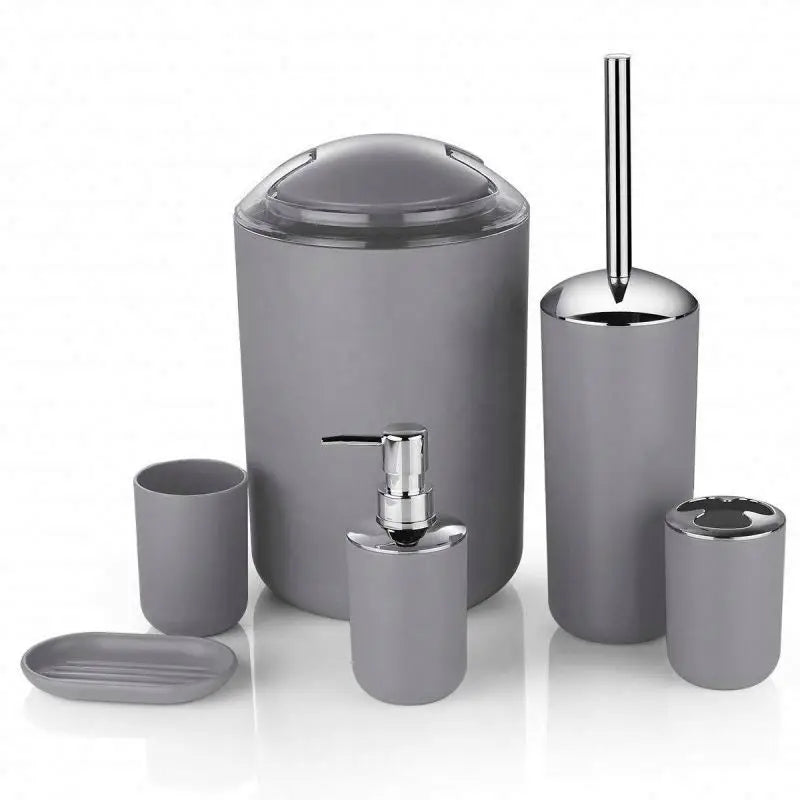 HKM-235347 Modern Black, White, Gray, and Brown Bathroom Accessories Set - 6 Pieces