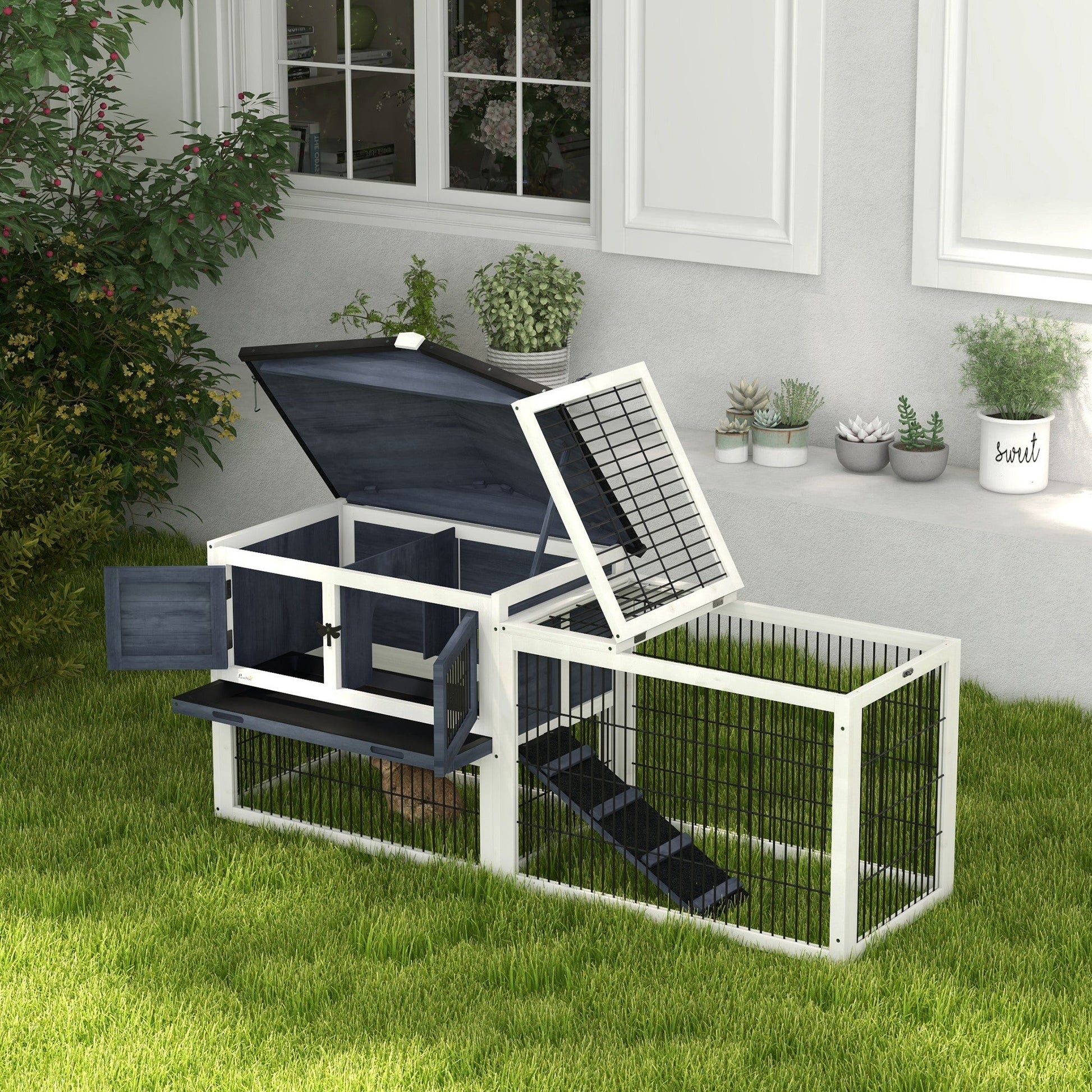 HKM-2358205 2-Level 59" Dark Gray Outdoor Rabbit Hutch with Openable Top and Secure Access Points
