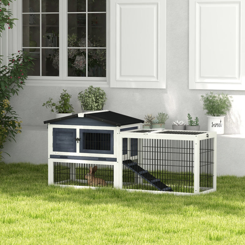 HKM-2358205 2-Level 59" Dark Gray Outdoor Rabbit Hutch with Openable Top and Secure Access Points