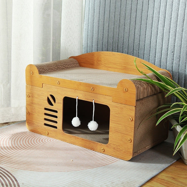 HKM-2358589 Luxury Double Layer Corrugated Paper Cat House with Double Ball and Double Door