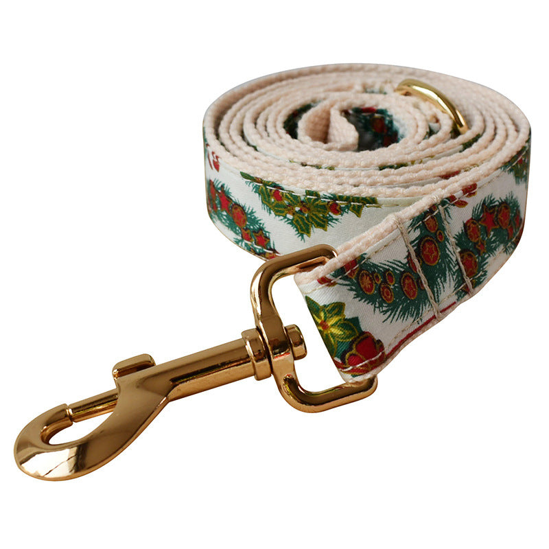 HKM-2362301 Christmas Wreath Casual Cotton Dog Collar with Bow Knot and Leash Set