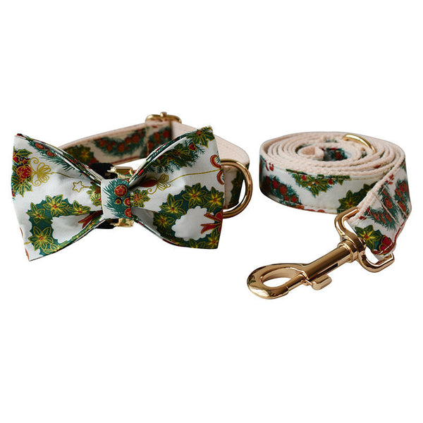HKM-2362301 Christmas Wreath Casual Cotton Dog Collar with Bow Knot and Leash Set