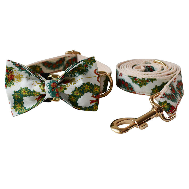 HKM-2362301 Christmas Wreath Casual Cotton Dog Collar with Bow Knot and Leash Set