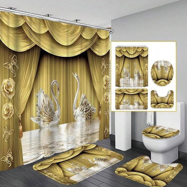 HKM-236627 Waterproof Swan Shower Curtain Set with Bath Mats and U-Shaped Door Mat