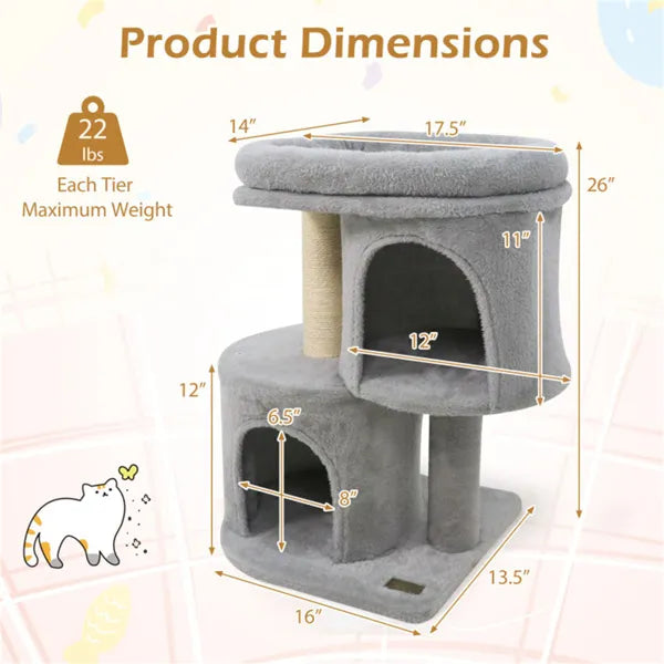 HKM-2369725 Compact 26" Cat Tree with 2 Condos and Sisal Scratching Posts for Small Spaces