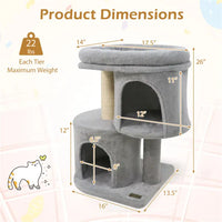 HKM-2369725 Compact 26" Cat Tree with 2 Condos and Sisal Scratching Posts for Small Spaces