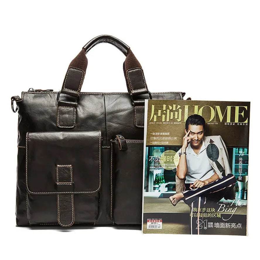 HKM-237139 Retro Style Men's Leather Briefcase – Casual Crossbody Shoulder Bag with Zipper Closure