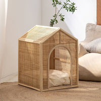 HKM-2375869 Woven Rattan Cat Bed for Comfortable Summer Ventilation - All-Season Pet Nest