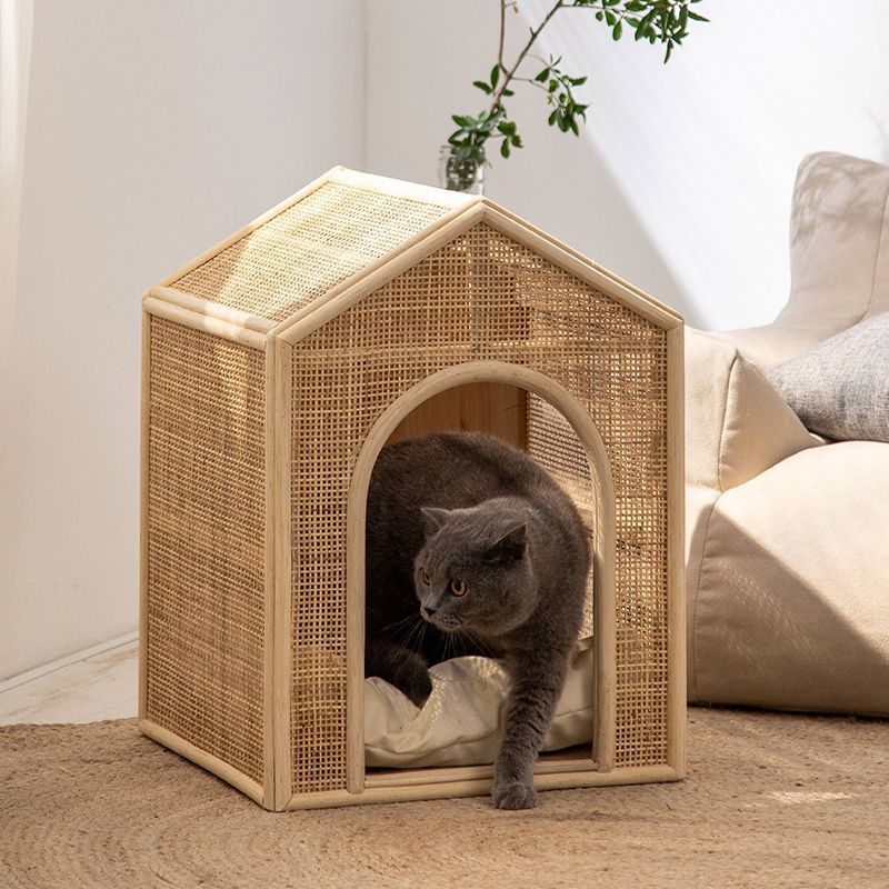 HKM-2375869 Woven Rattan Cat Bed for Comfortable Summer Ventilation - All-Season Pet Nest