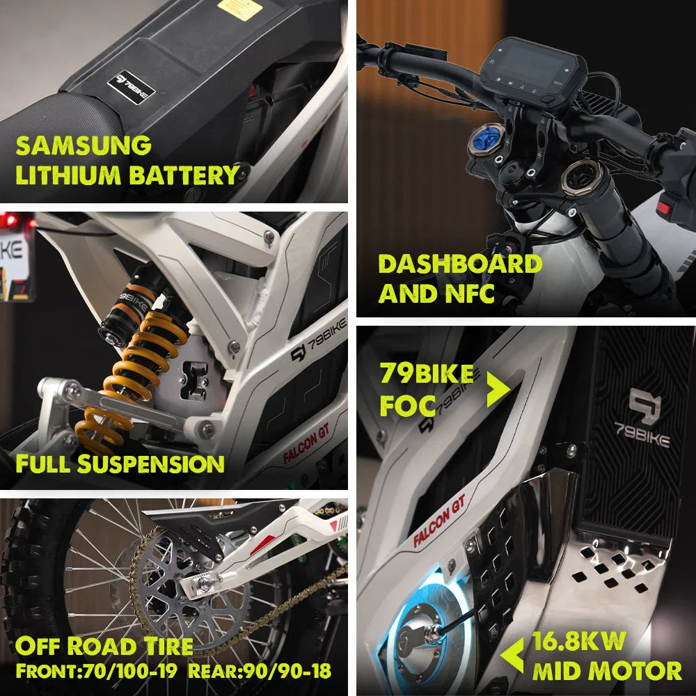 HKM-237779 Falcon GT Electric Dirt Bike 72V 40Ah 16.8KW 120km Range Off-Road Motorcycle