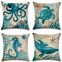 HKM-237779 Marine Life Cushion Cover – Sea Turtle, Seahorse, Whale, Octopus Design, Modern Cartoon Style, 45x45cm