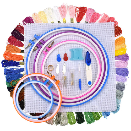 HKM-237907 Cross Stitch Thread Set with Bamboo and Plastic Embroidery Circles, Includes 50 or 100 Color Threads, Ideal for Ethnic Style Embroidery