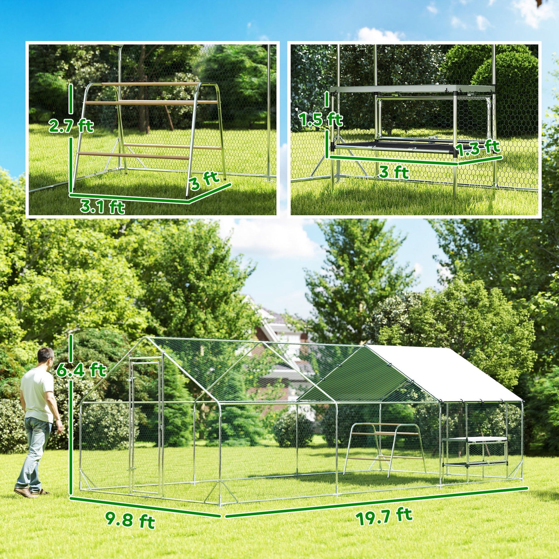 HKM-2379453 Large Metal Chicken Coop with Waterproof Cover, Roosting Bar, Nesting Box, 194 sq.ft. for 18-24 Chickens
