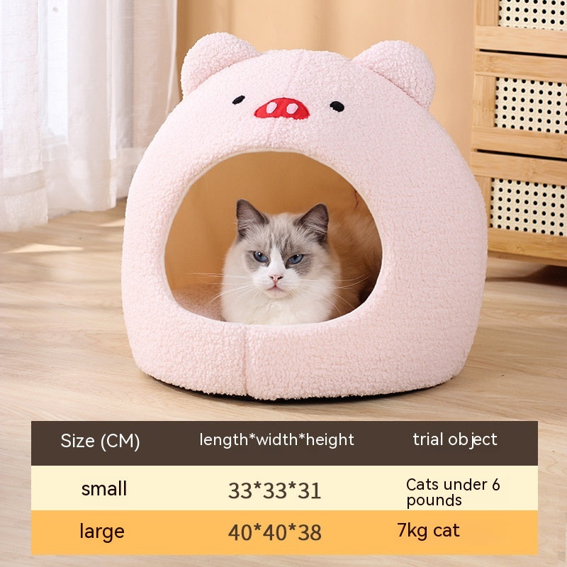 HKM-2379837 Cozy Teddy Plush Semi-closed Cat Nest in White with Brown Ears