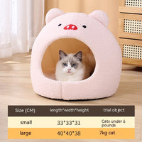 HKM-2379837 Cozy Teddy Plush Semi-closed Cat Nest in White with Brown Ears
