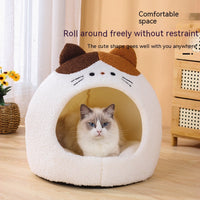 HKM-2379837 Cozy Teddy Plush Semi-closed Cat Nest in White with Brown Ears