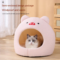 HKM-2379837 Cozy Teddy Plush Semi-closed Cat Nest in White with Brown Ears