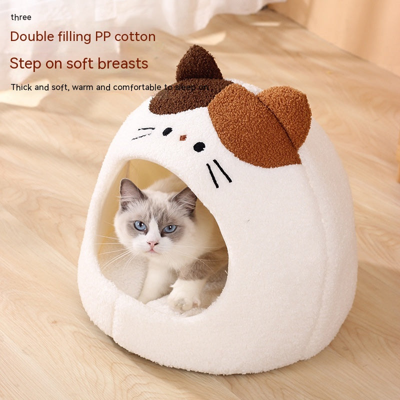 HKM-2379837 Cozy Teddy Plush Semi-closed Cat Nest in White with Brown Ears