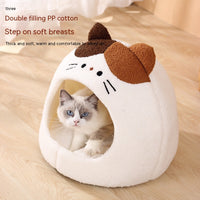 HKM-2379837 Cozy Teddy Plush Semi-closed Cat Nest in White with Brown Ears