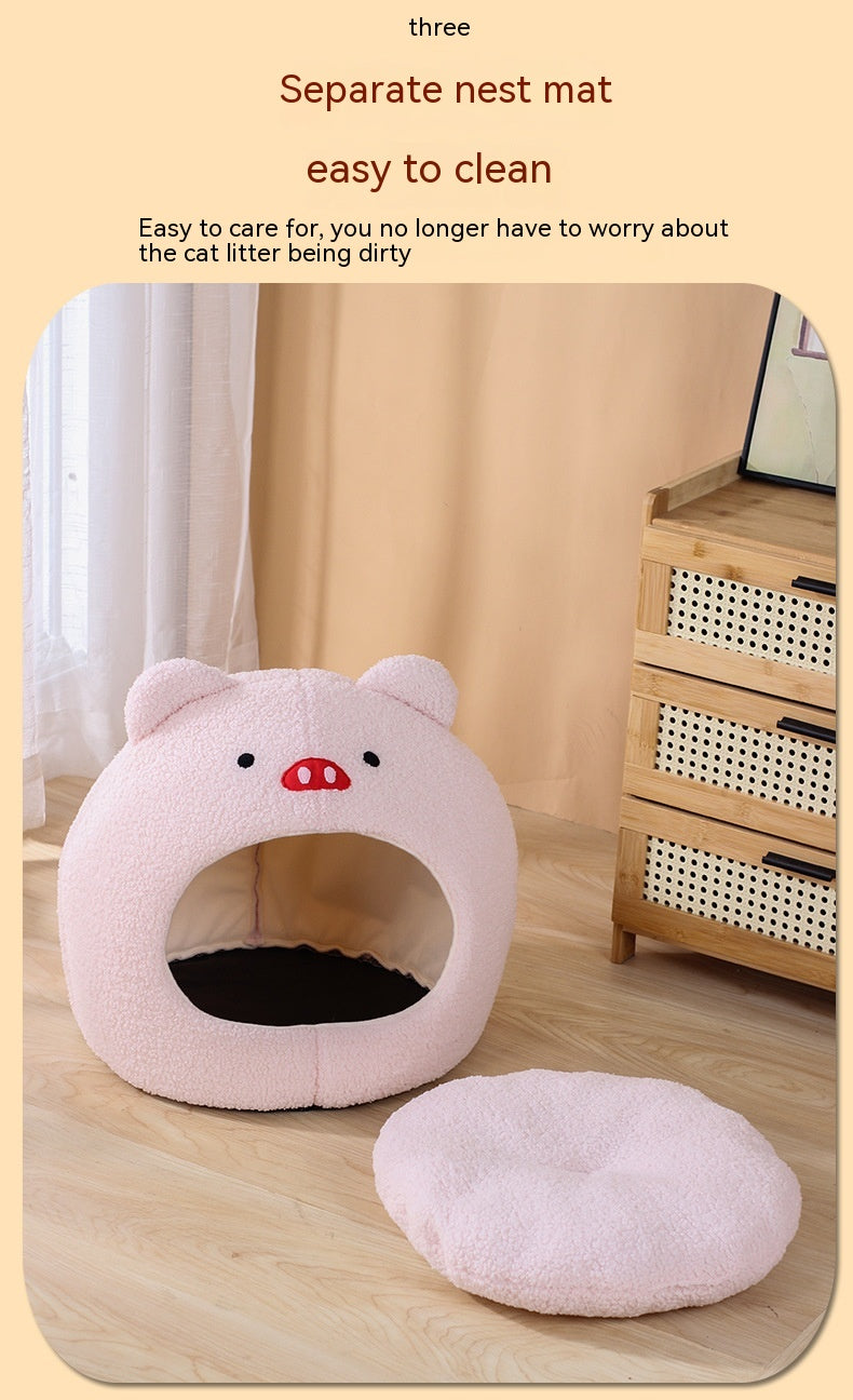 HKM-2379837 Cozy Teddy Plush Semi-closed Cat Nest in White with Brown Ears