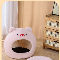 HKM-2379837 Cozy Teddy Plush Semi-closed Cat Nest in White with Brown Ears