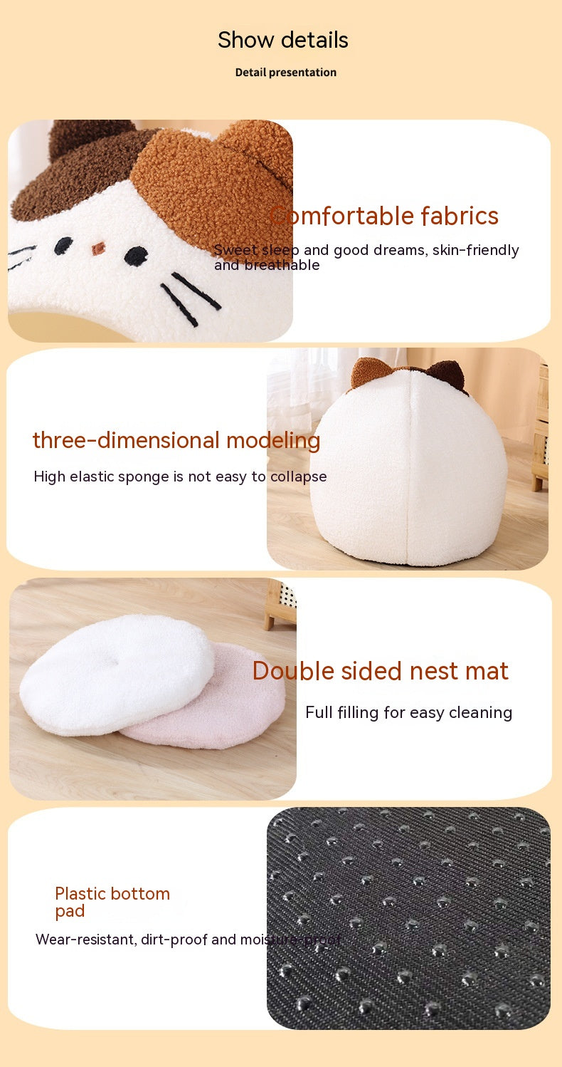 HKM-2379837 Cozy Teddy Plush Semi-closed Cat Nest in White with Brown Ears