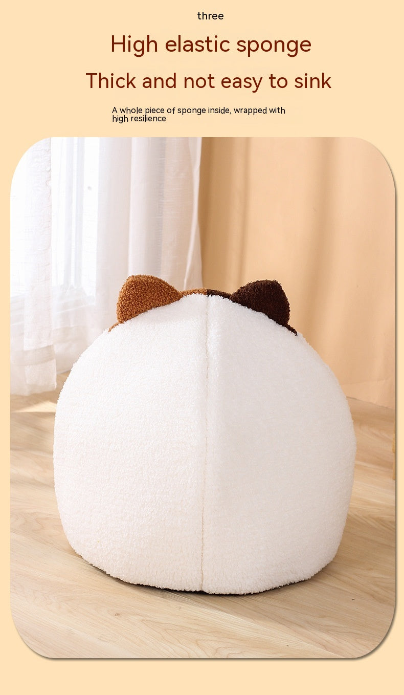 HKM-2379837 Cozy Teddy Plush Semi-closed Cat Nest in White with Brown Ears