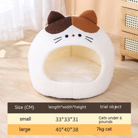 HKM-2379837 Cozy Teddy Plush Semi-closed Cat Nest in White with Brown Ears