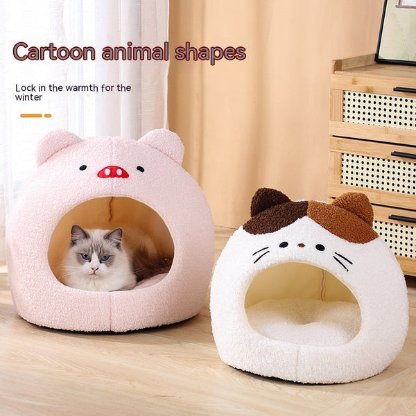 HKM-2379837 Cozy Teddy Plush Semi-closed Cat Nest in White with Brown Ears