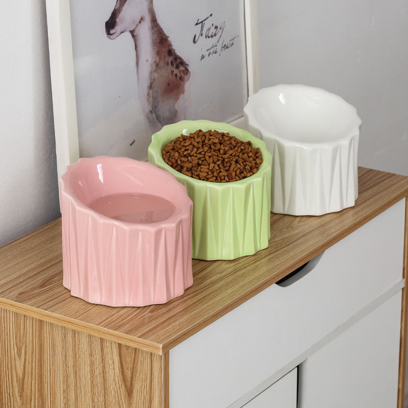 HKM-2381757 Ceramic Pet Bowl with Neck Guard ¨C Scratch-Resistant, Stable, and Safe Design in White, Pink, Green