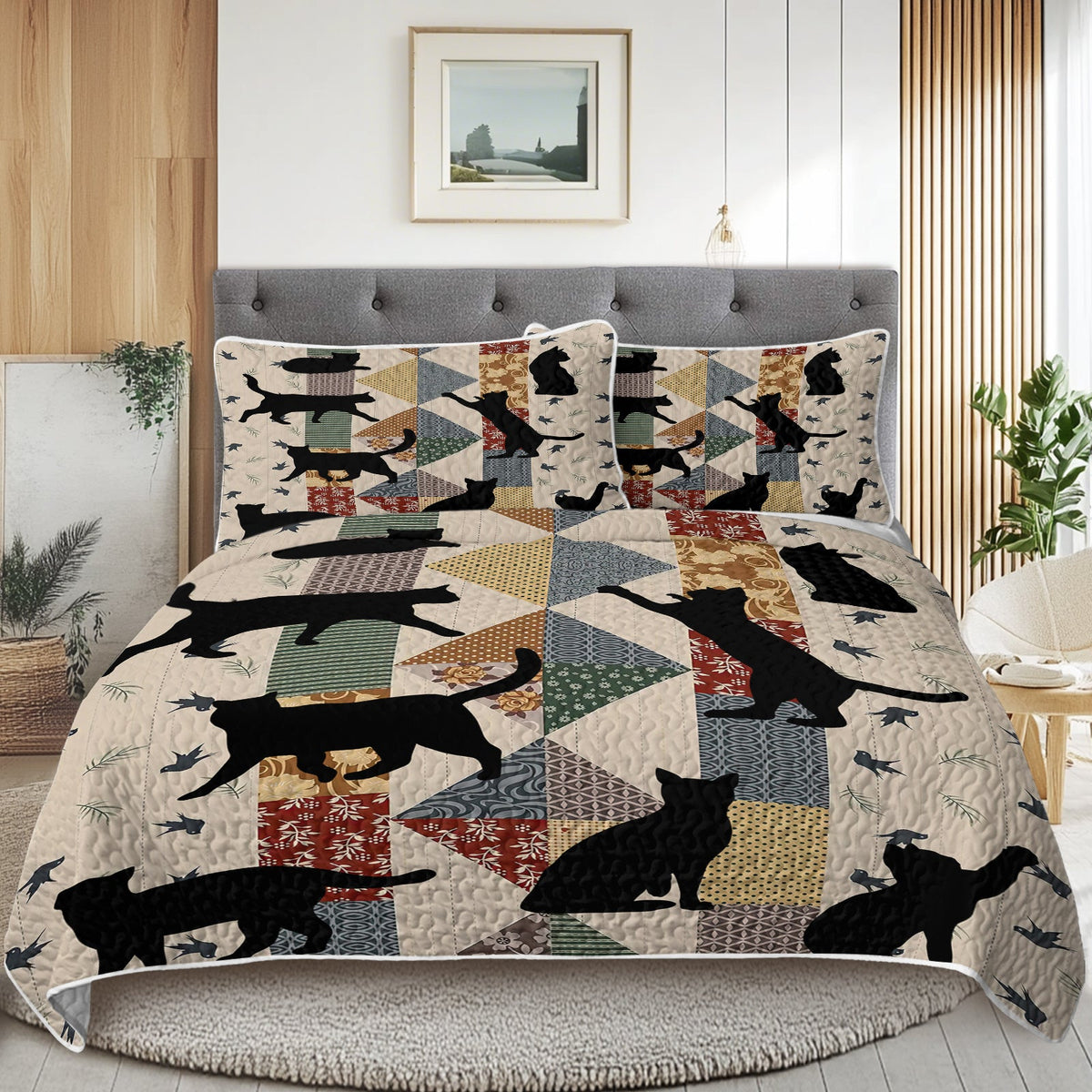 HKM-238227 Black Cat Multi-Posture 3D Quilt Set with 2 Pillow Shams - All Season Bedding for Queen and King Sizes