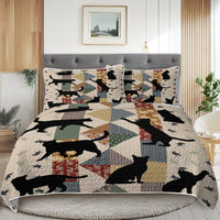 HKM-238227 Black Cat Multi-Posture 3D Quilt Set with 2 Pillow Shams - All Season Bedding for Queen and King Sizes