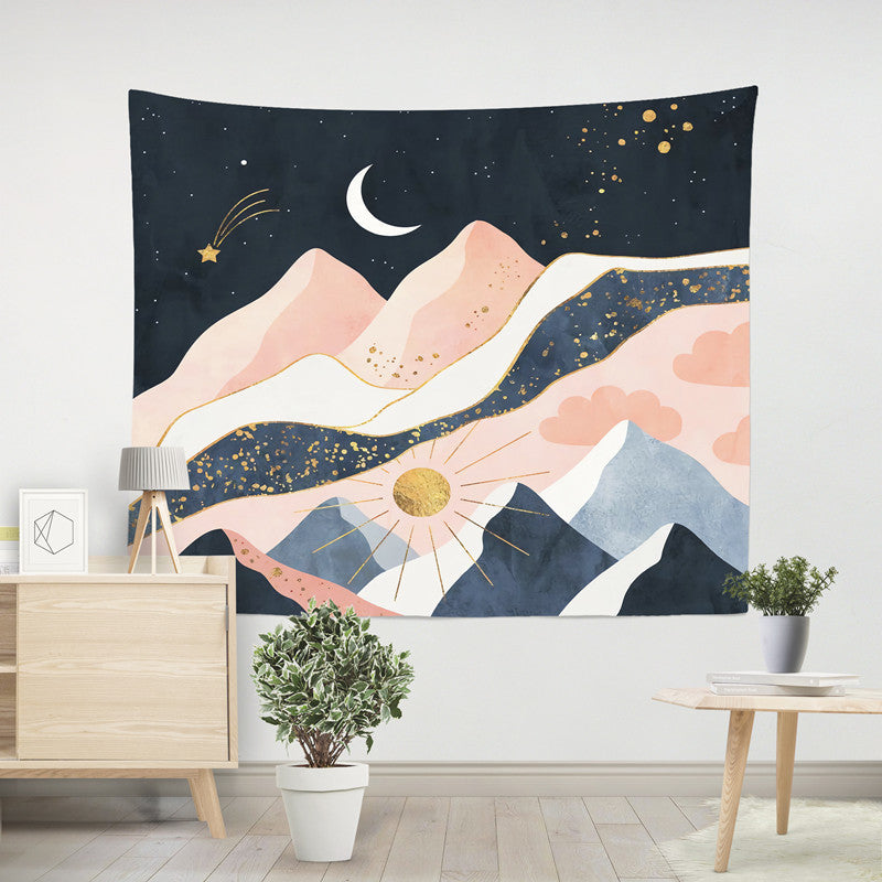 HKM-238291 Nordic Pink Mountain Peak Landscape Printed Tapestry, Machine Washable, Rectangle Shape, Soft Peach Skin and Flannel Options