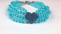 HKM-2383549 Heart-Shaped Pearl & Rhinestone Pet Collar in White, Pink, and Lake Blue