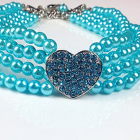 HKM-2383549 Heart-Shaped Pearl & Rhinestone Pet Collar in White, Pink, and Lake Blue