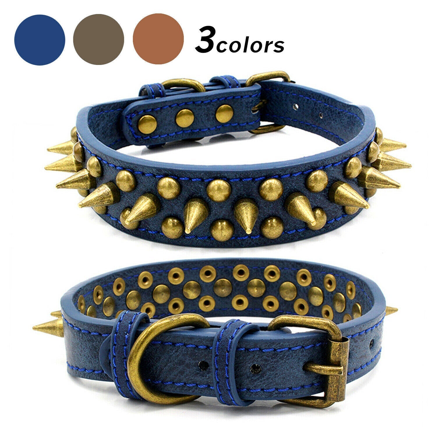 HKM-238419 Large Dog Leather Collar with Spiked Rivets - Adjustable PU Faux Leather, Suitable for Pit Bulls, Sizes S-XL