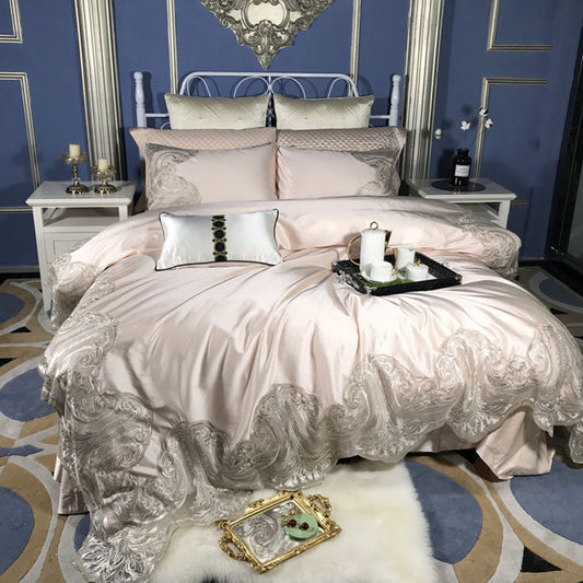 HKM-238547 Cotton Four-Piece Bedding Set with Lace Silk Quilt Cover for 1.5m, 1.8m, and 2.0m Beds