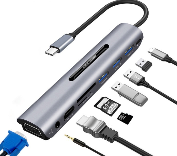 HKM-238739 9-in-1 Type-C Aluminum Alloy Docking Station with HDMI, VGA, and 4K Resolution