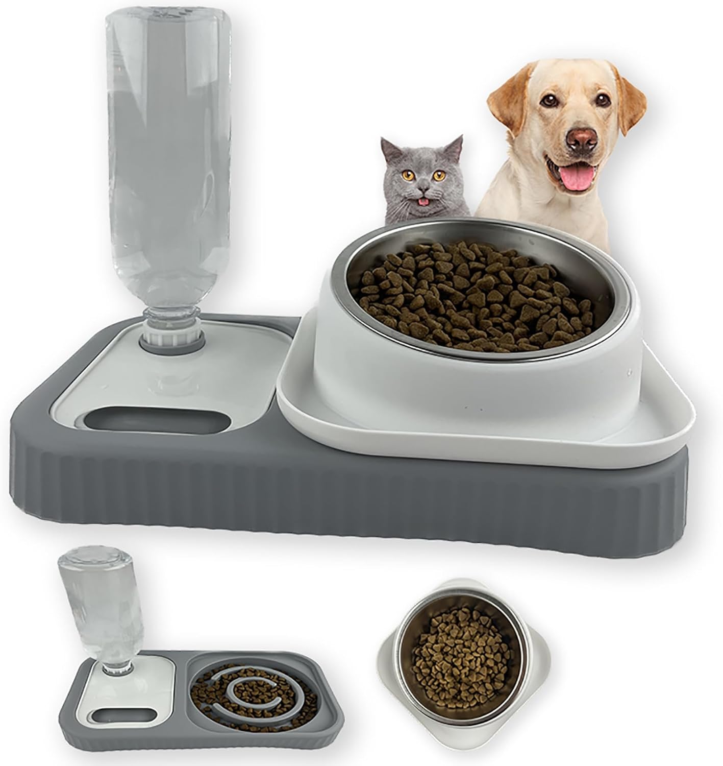 HKM-2388797 Elevated Double Pet Food and Water Bowl Set with Automatic Gravity Water Dispenser and Slow Feeder Design