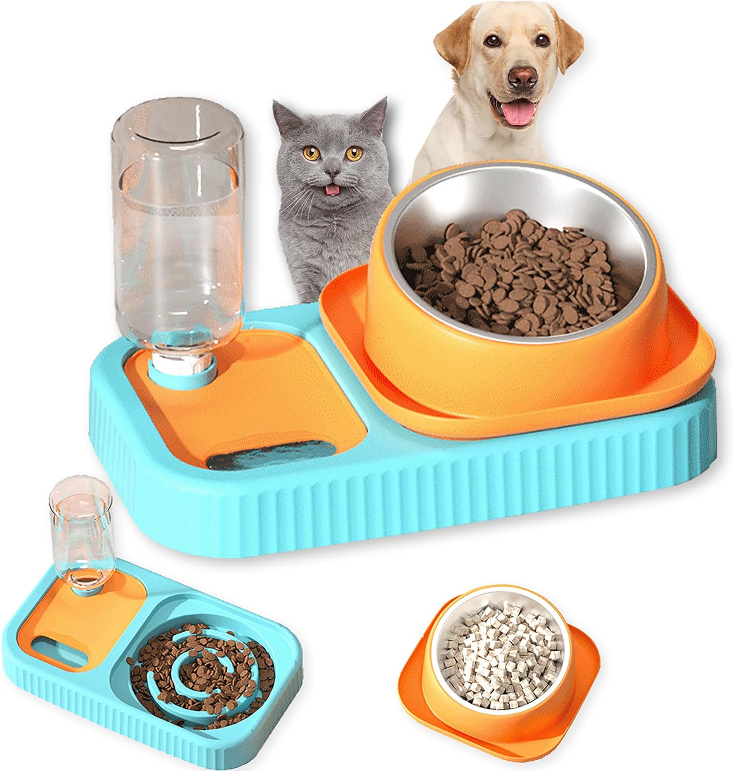 HKM-2388797 Elevated Double Pet Food and Water Bowl Set with Automatic Gravity Water Dispenser and Slow Feeder Design