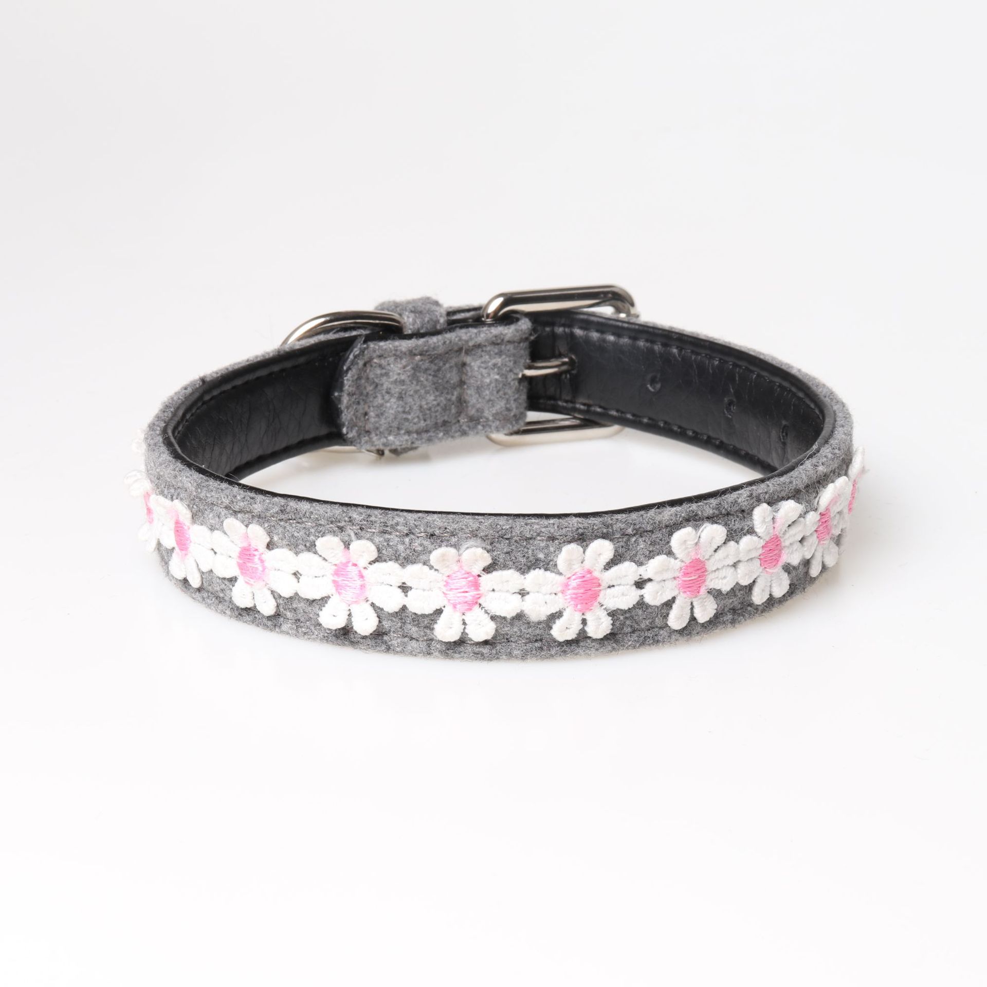 HKM-2389309 Embroidered PU Dog Collar with Adjustable Pet Chain Ring for Stylish Pet Wear