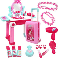 HKM-239059 Kids 2-in-1 Pretend Play Vanity Table with Makeup Set - Girls' Playtime Essentials