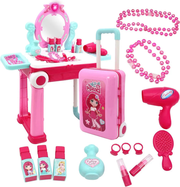 HKM-239059 Kids 2-in-1 Pretend Play Vanity Table with Makeup Set - Girls' Playtime Essentials