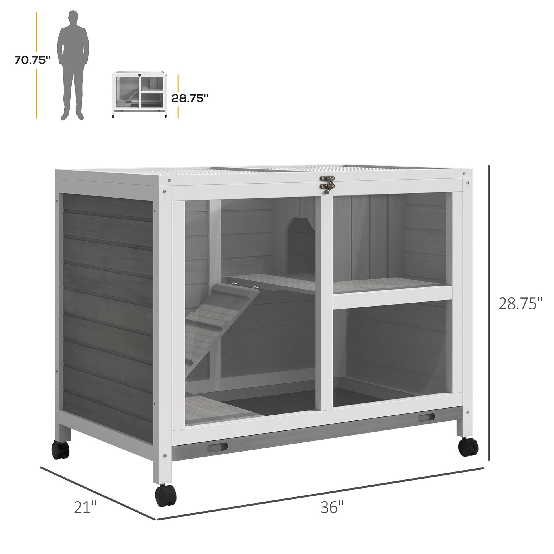 HKM-2390973 Compact 2-Story Rolling Rabbit Hutch with Plexiglass Window and Safe Materials
