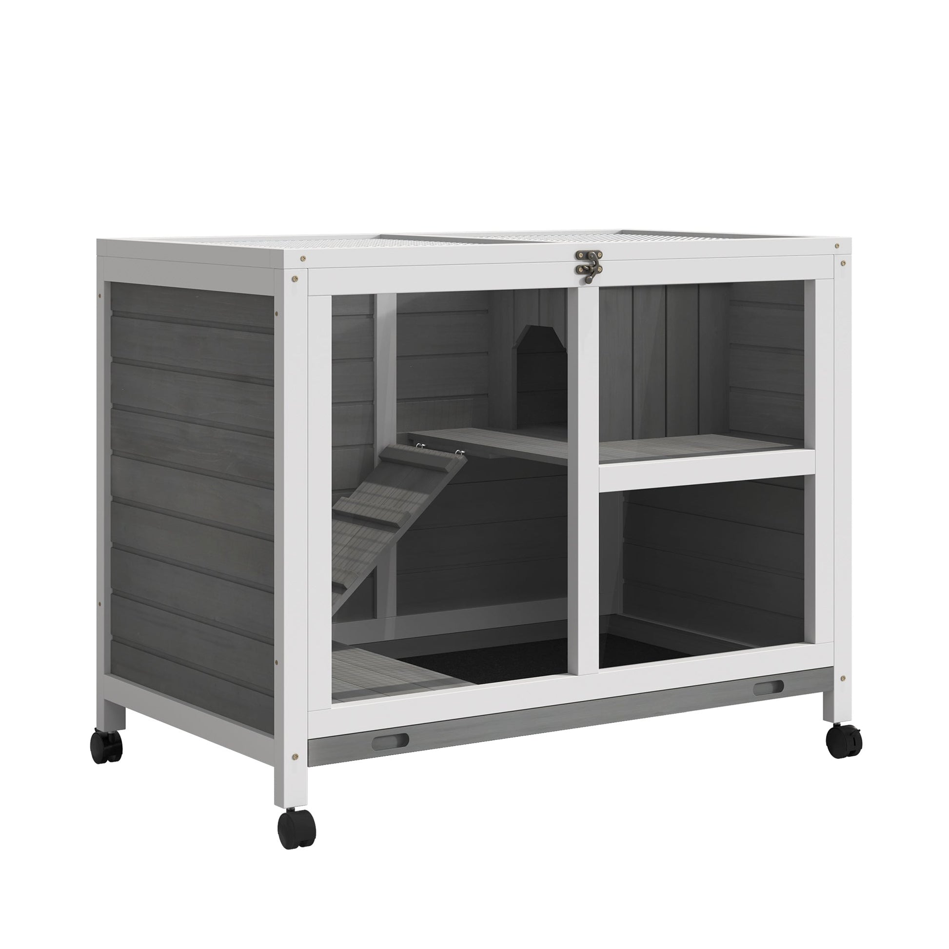 HKM-2390973 Compact 2-Story Rolling Rabbit Hutch with Plexiglass Window and Safe Materials