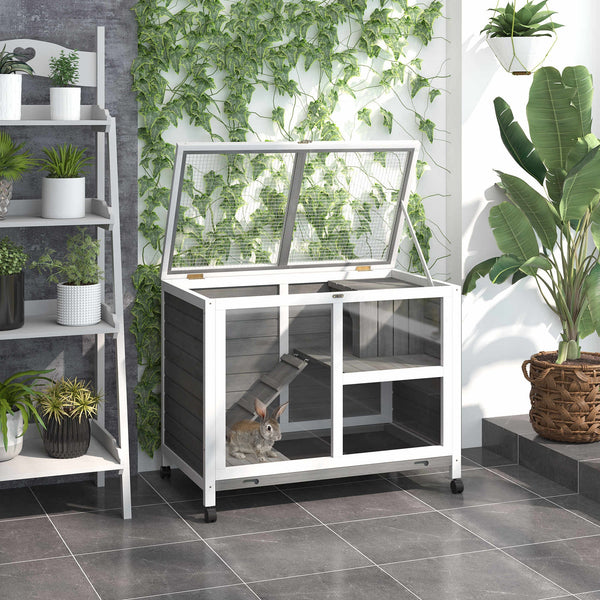HKM-2390973 Compact 2-Story Rolling Rabbit Hutch with Plexiglass Window and Safe Materials