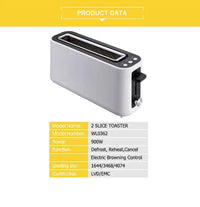 HKM-239123 Slim Black 2-Slice Toaster with Long Slot - 900W Space-Saving Design