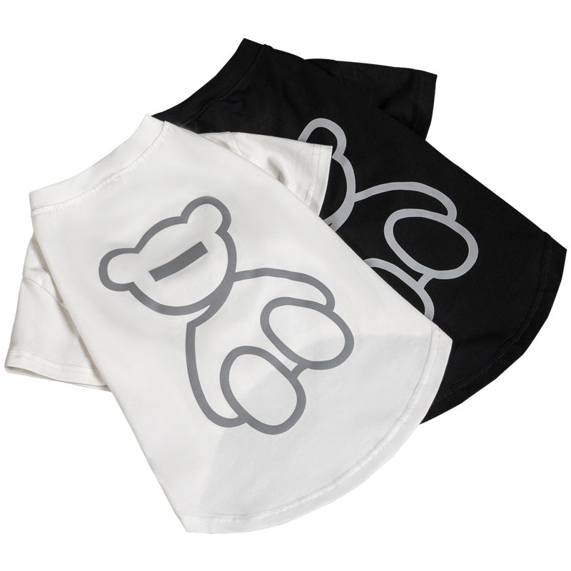 HKM-2393661 Cute Reflective Bear Summer Dog T-Shirt - Casual Cotton Outfit in Black and White, Sizes S to XXL